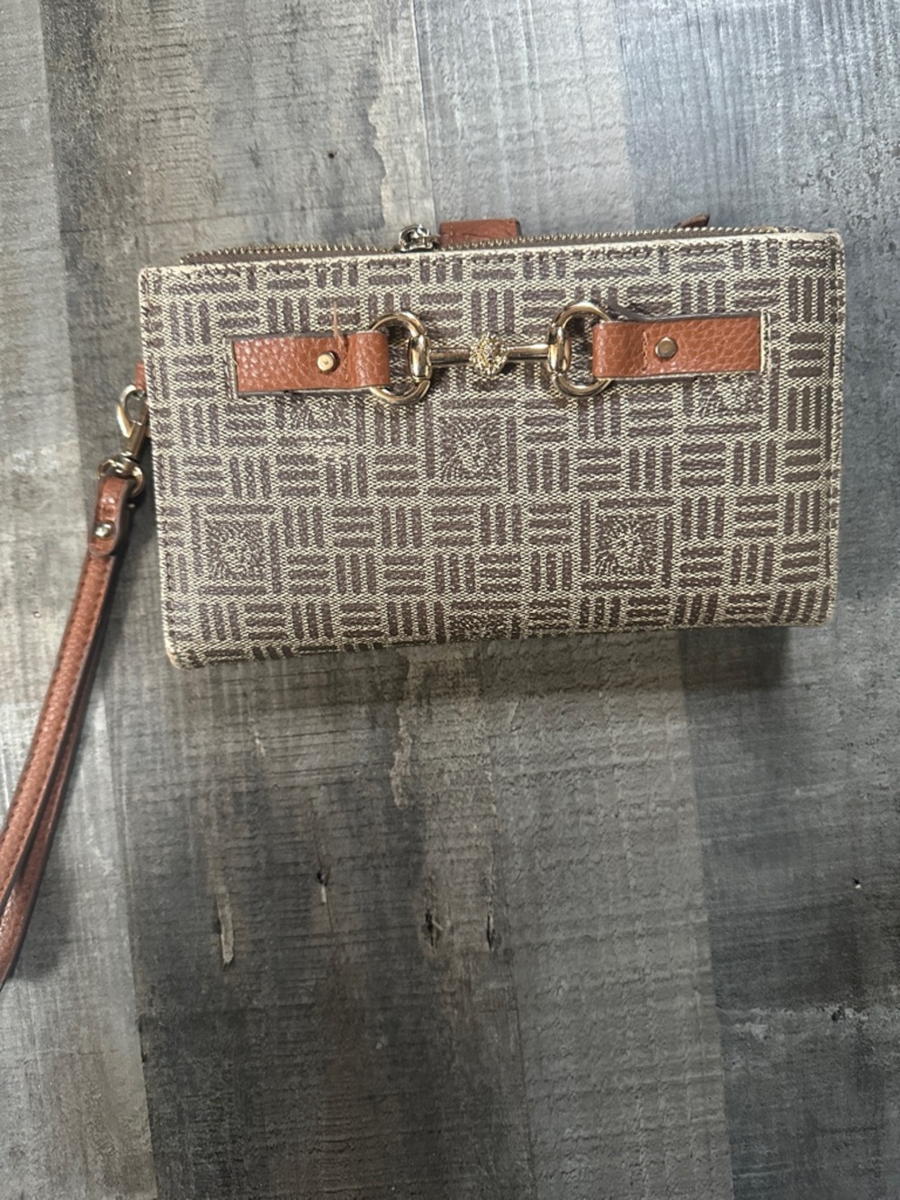 Anne Klein Brown Patterned Wristlet Wallet with Gold Hardware